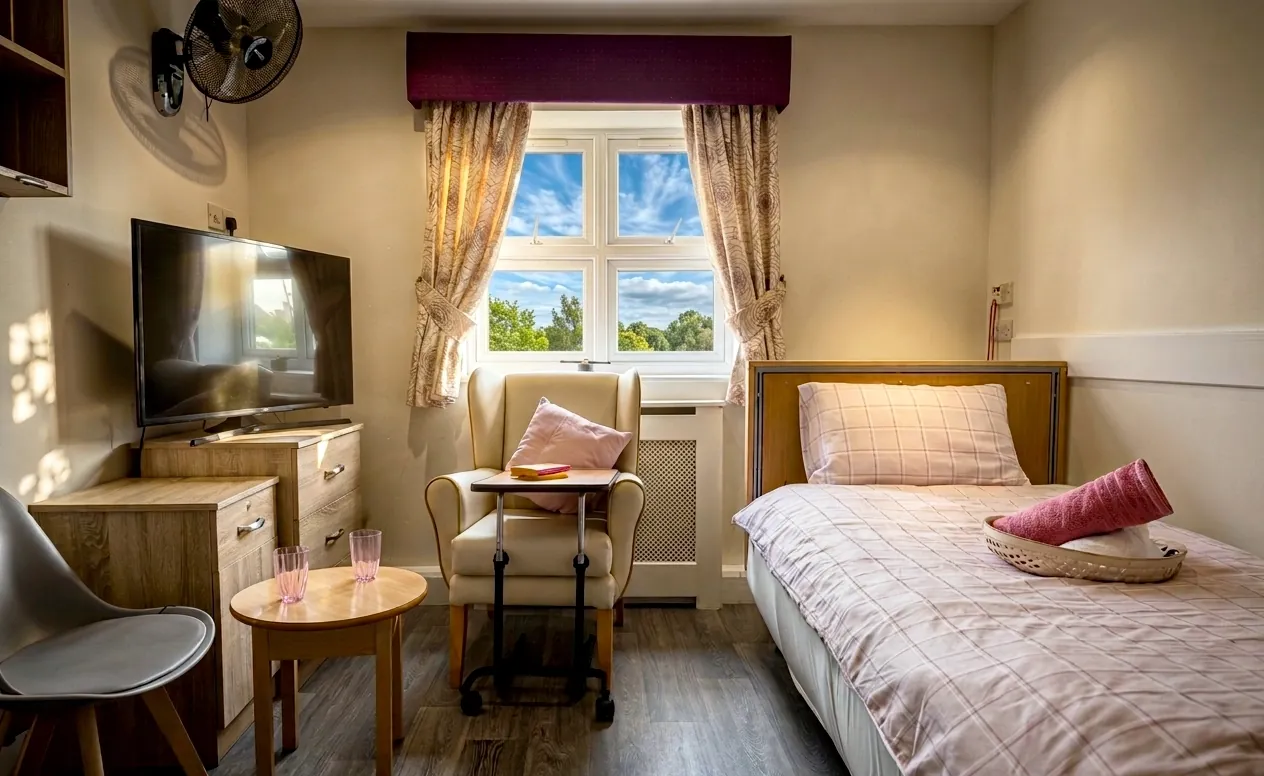 Bedroom with a television, an armchair and a garden window at Ashbrook Nursing Home